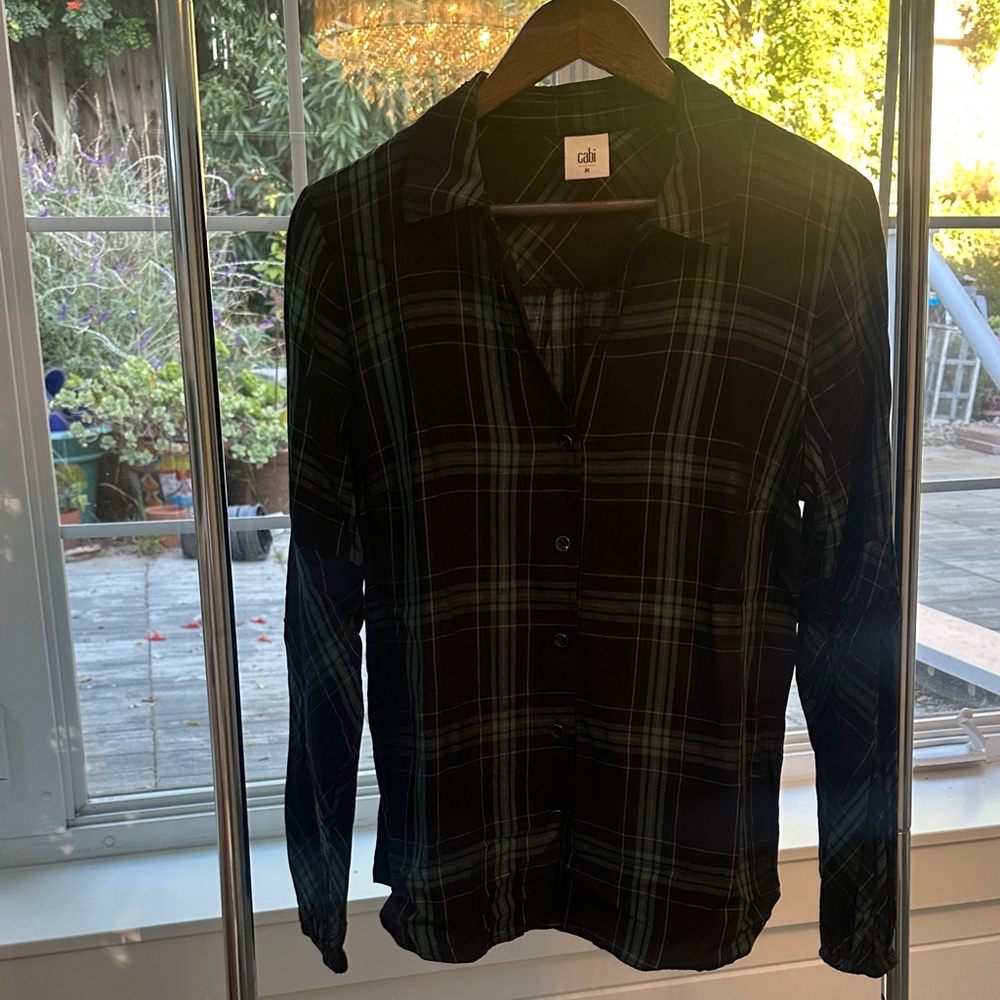 CAbi Black and Green flannel pattern blouse